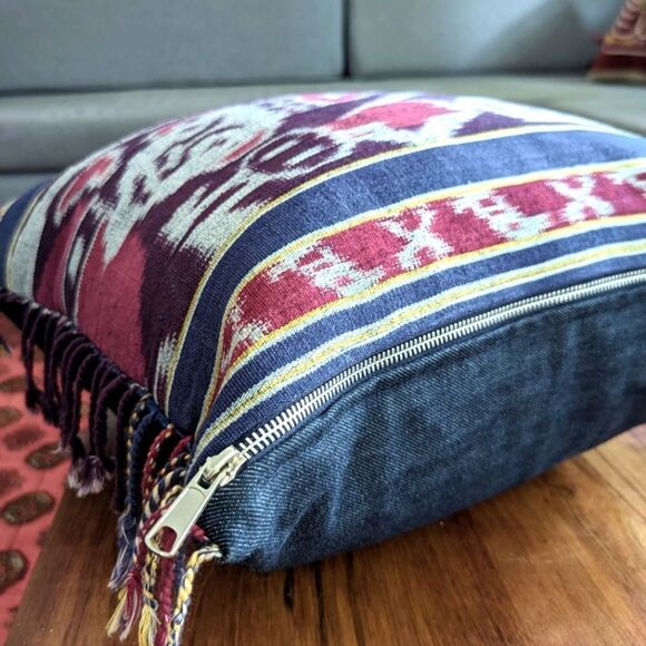 Linen & Denim Ikat Fringe Throw Pillow V1 - Picture 5 of 8
